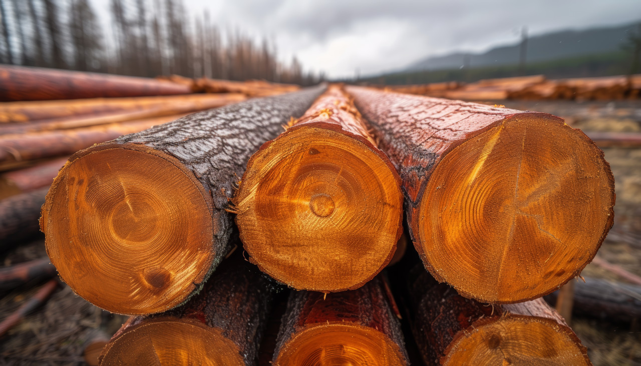 Logs stacked in a field creating a rustic scene of natural beauty and resourcefulness, deforestation and logging photo