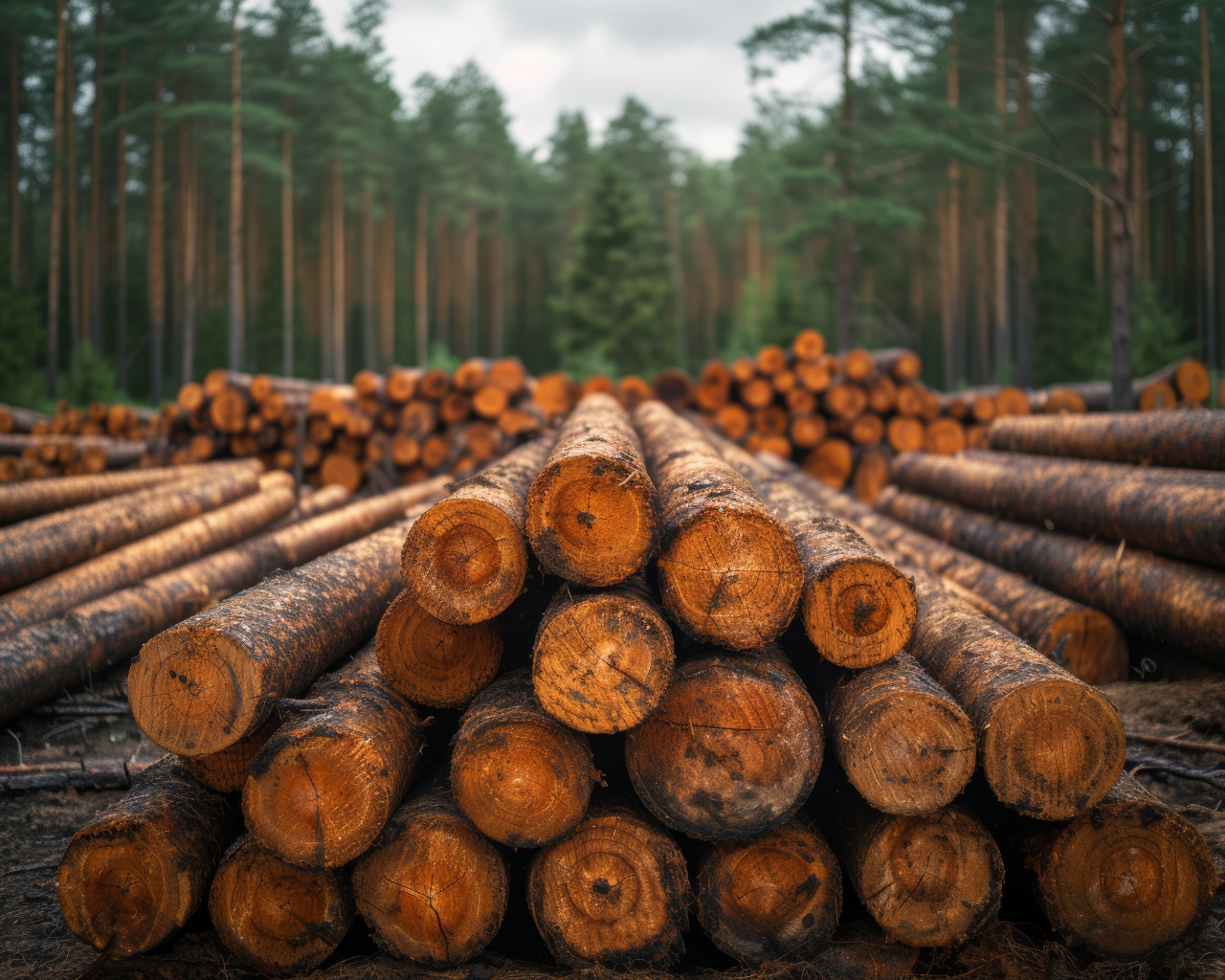 Massive stack of tree logs in the forest showcasing the aftermath of logging activities, deforestation and logging photo