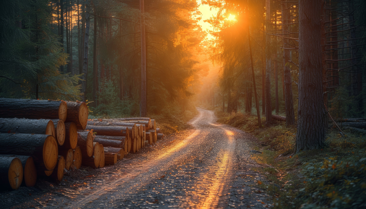 Timber industry road with logs bathed in sunlight in the forest, deforestation and logging concept
