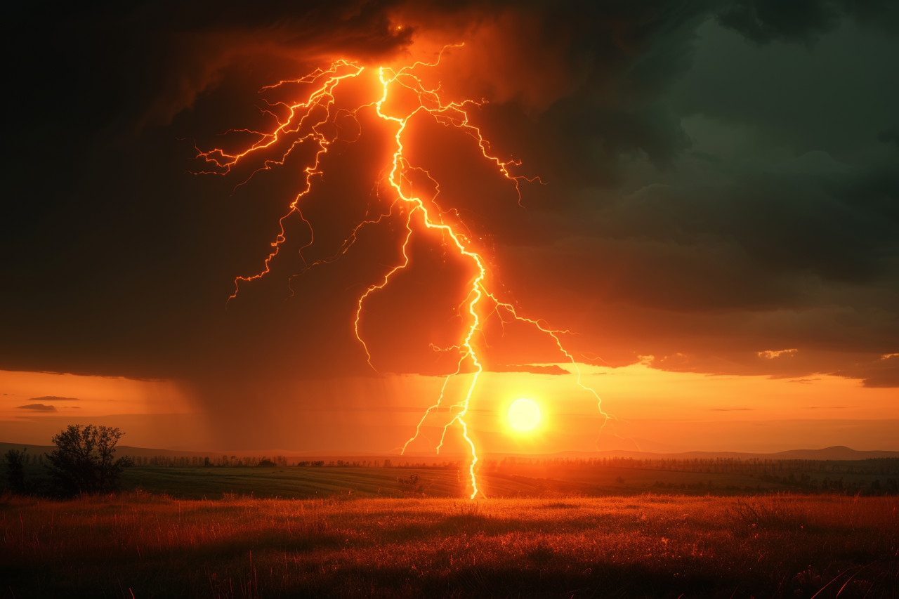 Powerful lightning illuminates a field above the sun creating a stunning natural display of energy in the sky, extreme weather events concept