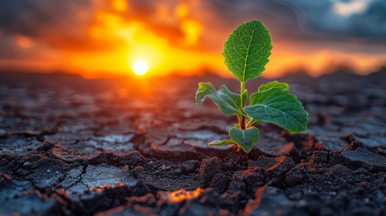 Lone plant standing on the ground as the sun sets, extreme weather events concept