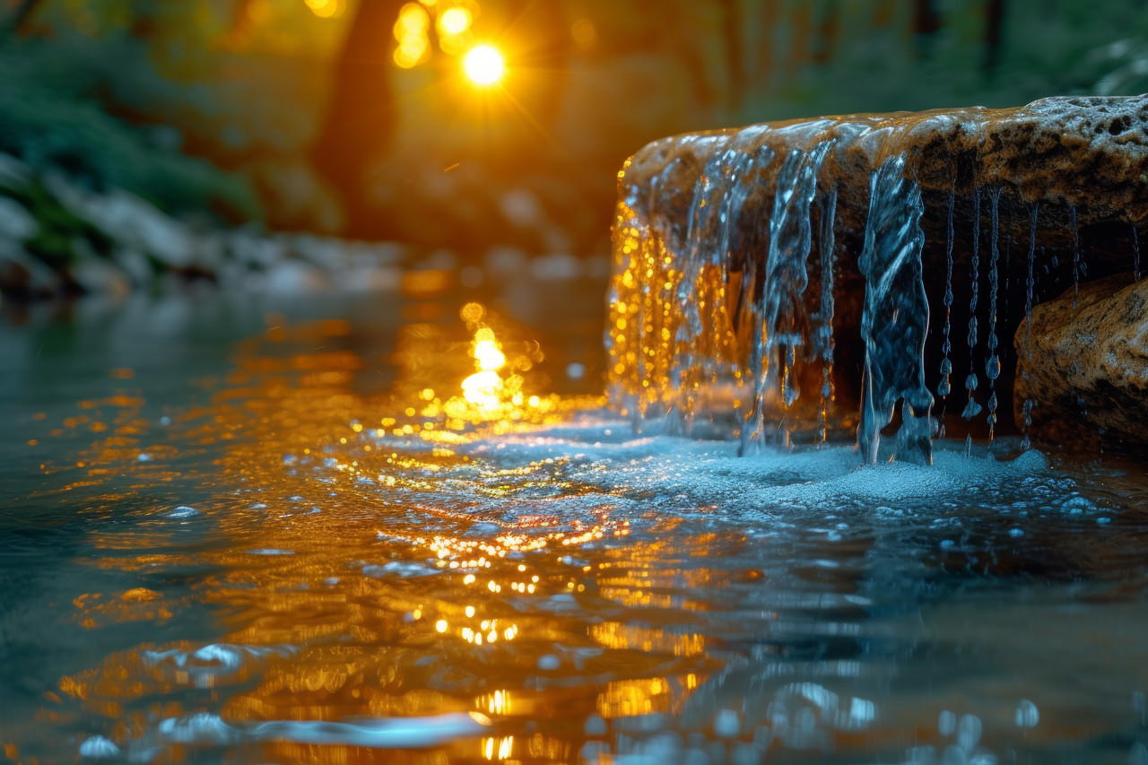 Clear water drips from a stone in the river showcasing the beauty of nature small wonders, extreme weather events photo