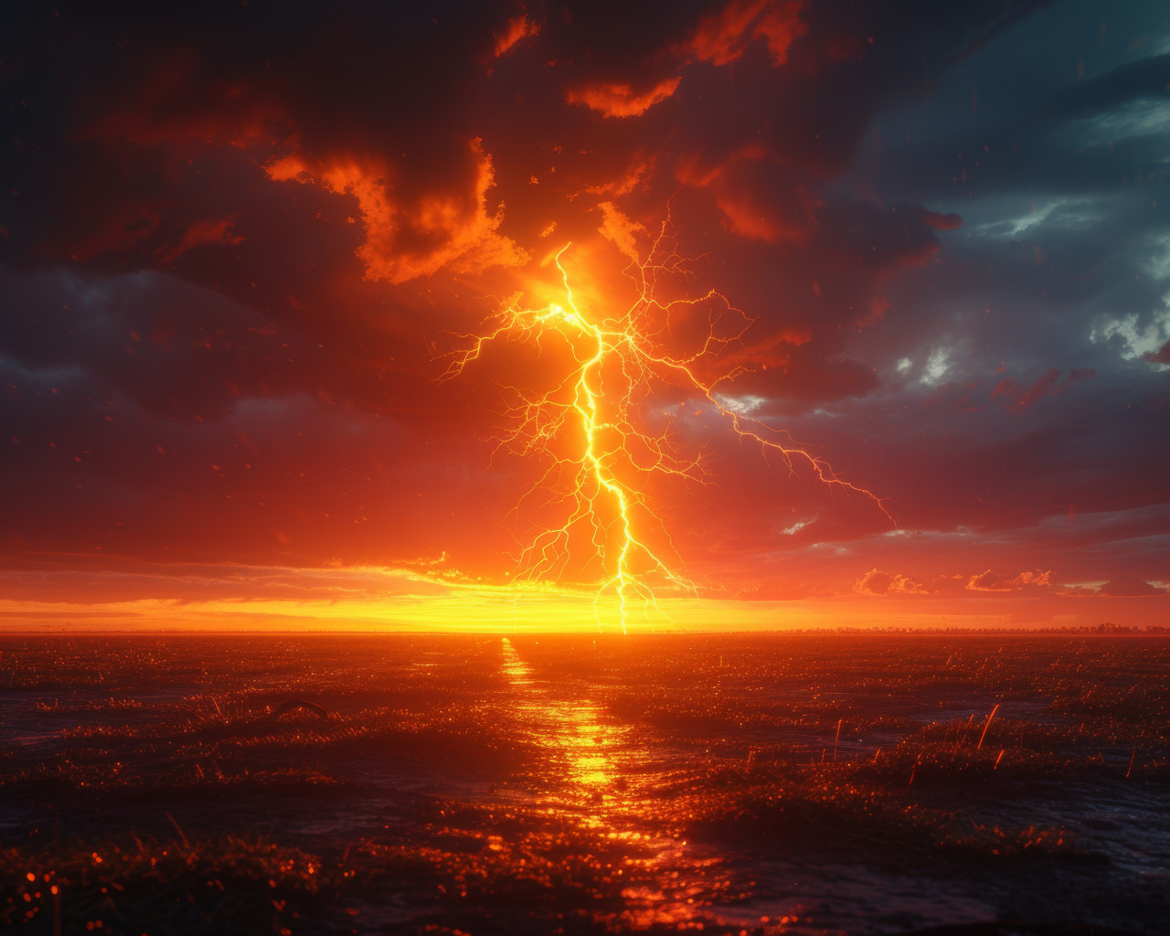 Lightning strikes dramatically at sunset illuminating the dark sky with a powerful burst of energy, extreme weather events concept