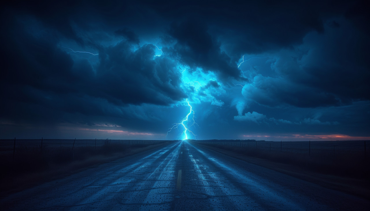 Lightning strikes over a dark road with a solitary bolt illuminating the night, extreme weather events concept