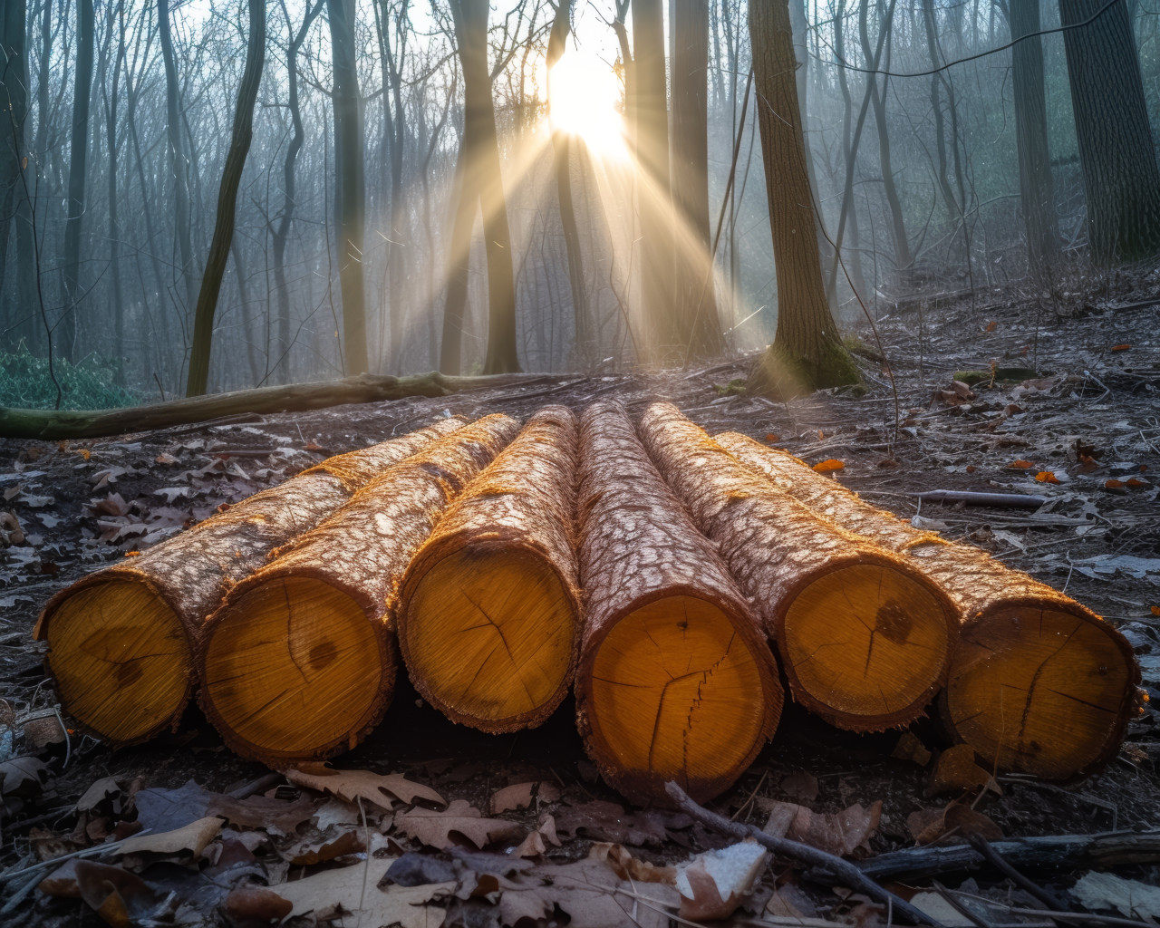 Logs arranged in woods with sunlight creating a rustic scene in a peaceful forest setting, deforestation and logging photo