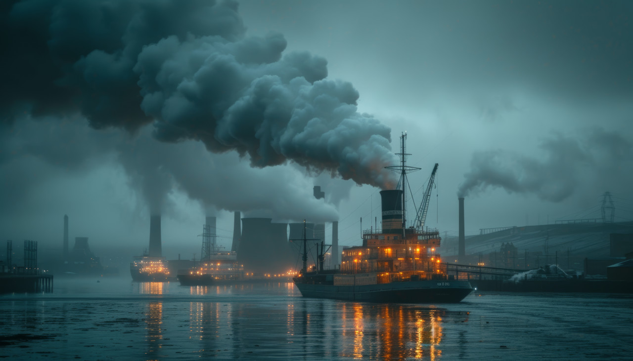 Power plants emitting carbon dioxide contributing to pollution and environmental concerns, air pollution and smog concept