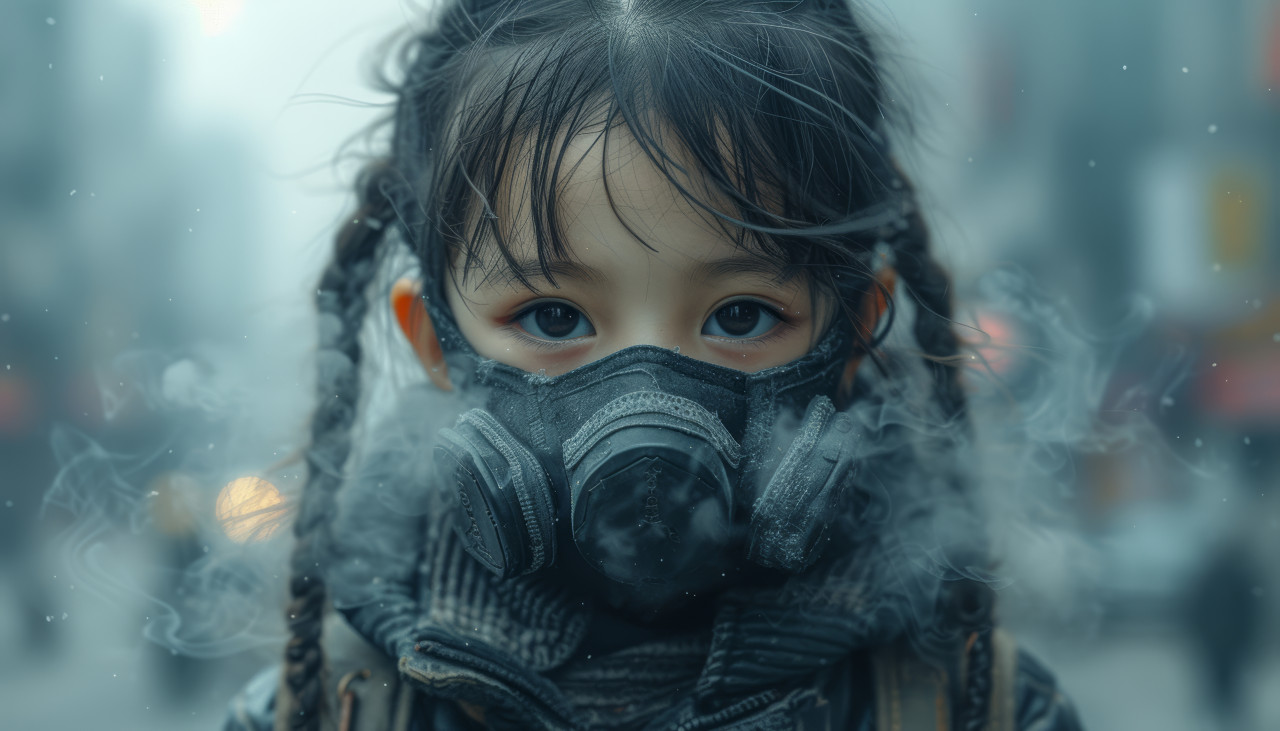 Little girl wearing a jacket with a smoke mask prepared for challenging conditions, air pollution and smog concept