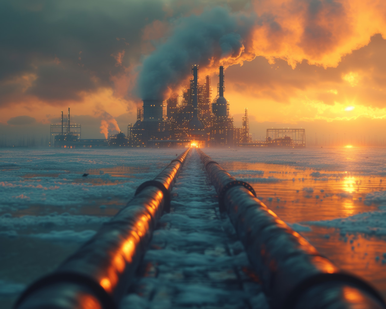 Smoke billows from a factory pipeline indicating industrial activity and environmental impact, air pollution and smog concept