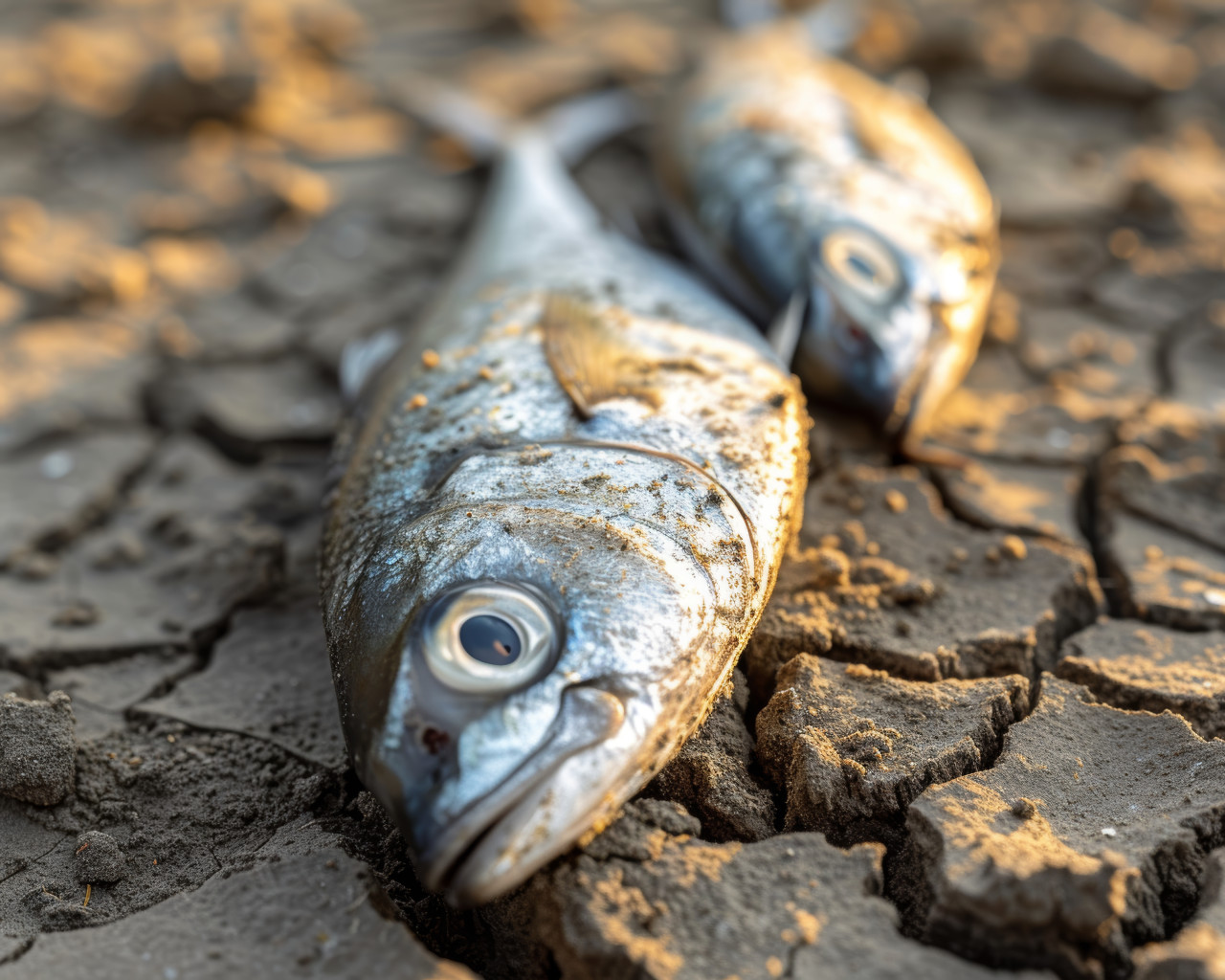 Lifeless fish on parched cracked earth, water scarcity and drying rivers concept
