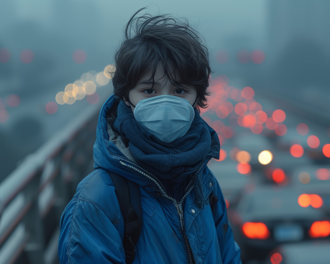 Boy in blue jacket wearing face mask stands on bridge with passing traffic, air pollution and smog concept