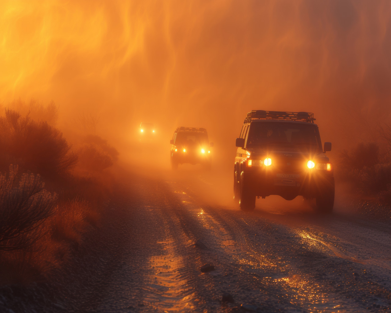 Cars drive through morning fog on a dirt road creating a mysterious and scenic atmosphere, air pollution and smog photo