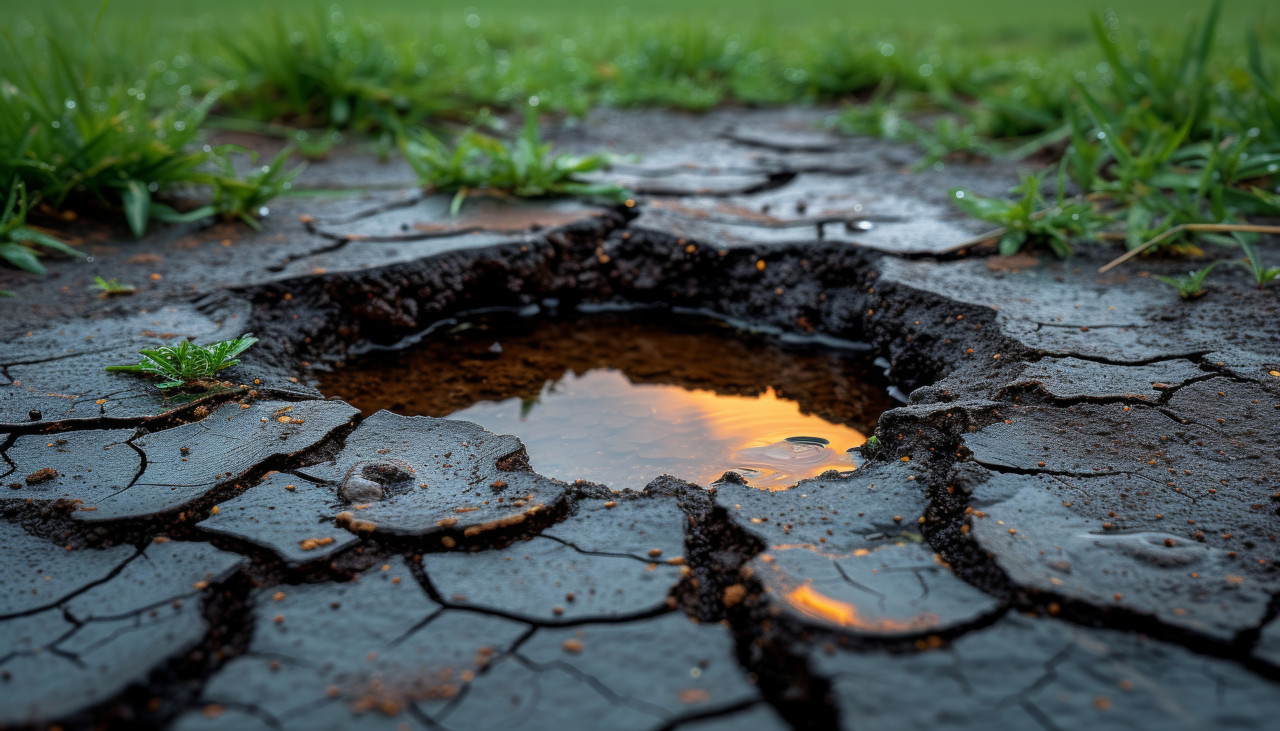 Arid landscape featuring a pond and lush green grass, water scarcity and drying rivers photo