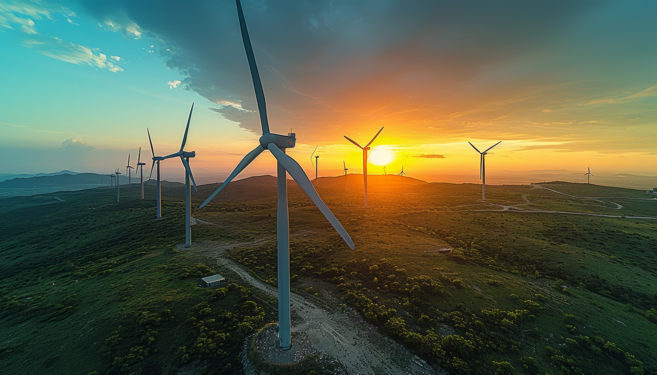 Aerial drone captures wind turbines against a distant sunset showcasing renewable energy in action, composting and waste reduction photo