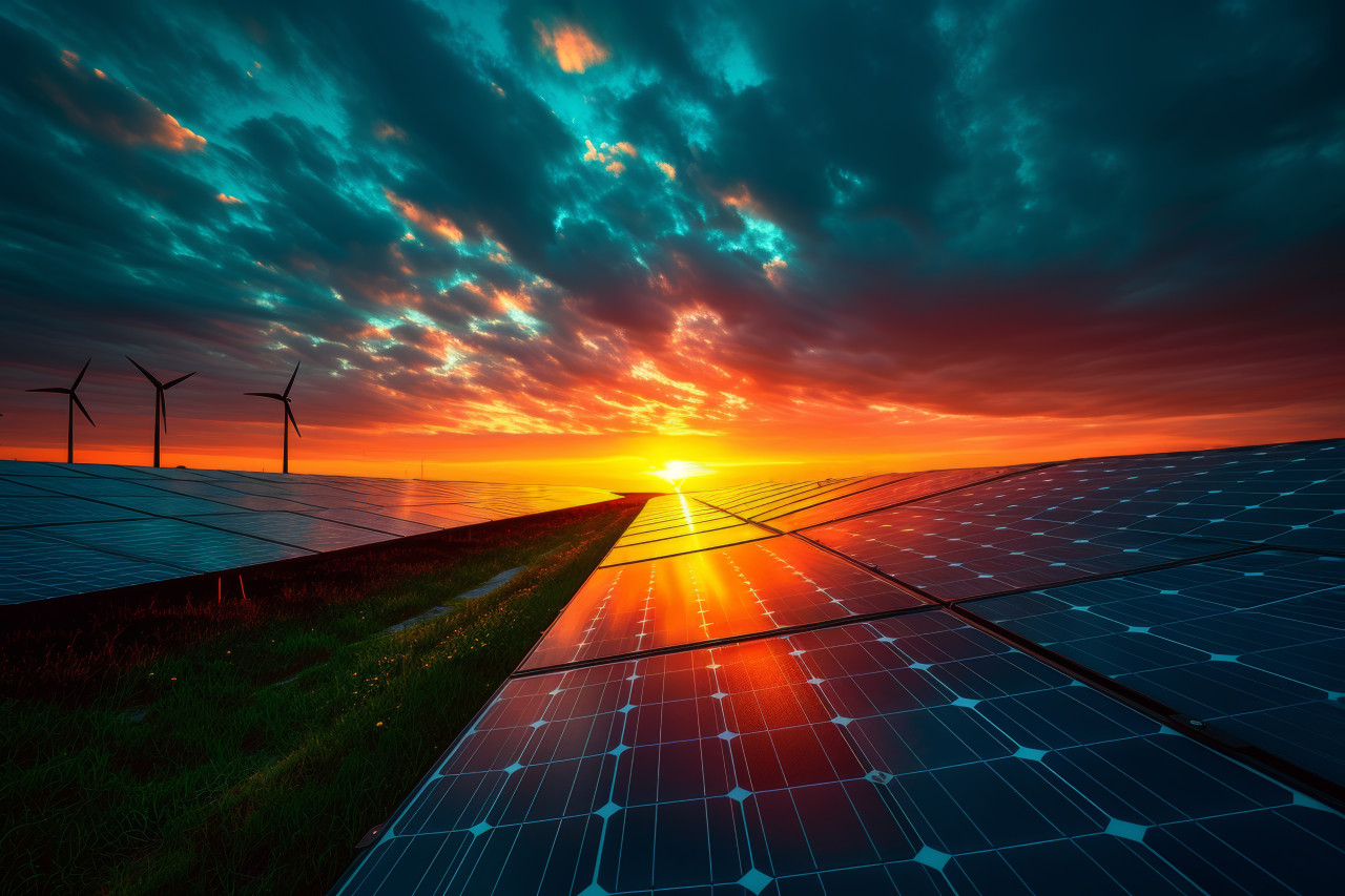 Solar and wind power generating energy against a colorful sunset sky harnessing nature energy for a sustainable future, composting and waste reduction concept