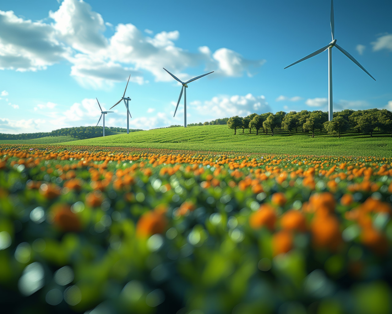 Windmills stand tall in a green field under clear blue skies harnessing the power of the wind to generate clean energy, composting and waste reduction concept
