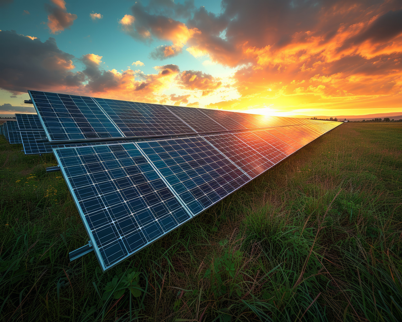 Solar panels in a field capturing the last rays of sunset to generate clean energy for a sustainable future, composting and waste reduction concept