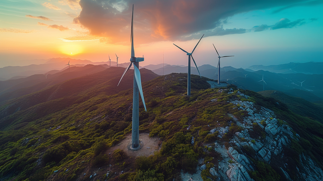 Wind turbines on mountain summit at sunset harnessing clean energy from the breeze, composting and waste reduction photo