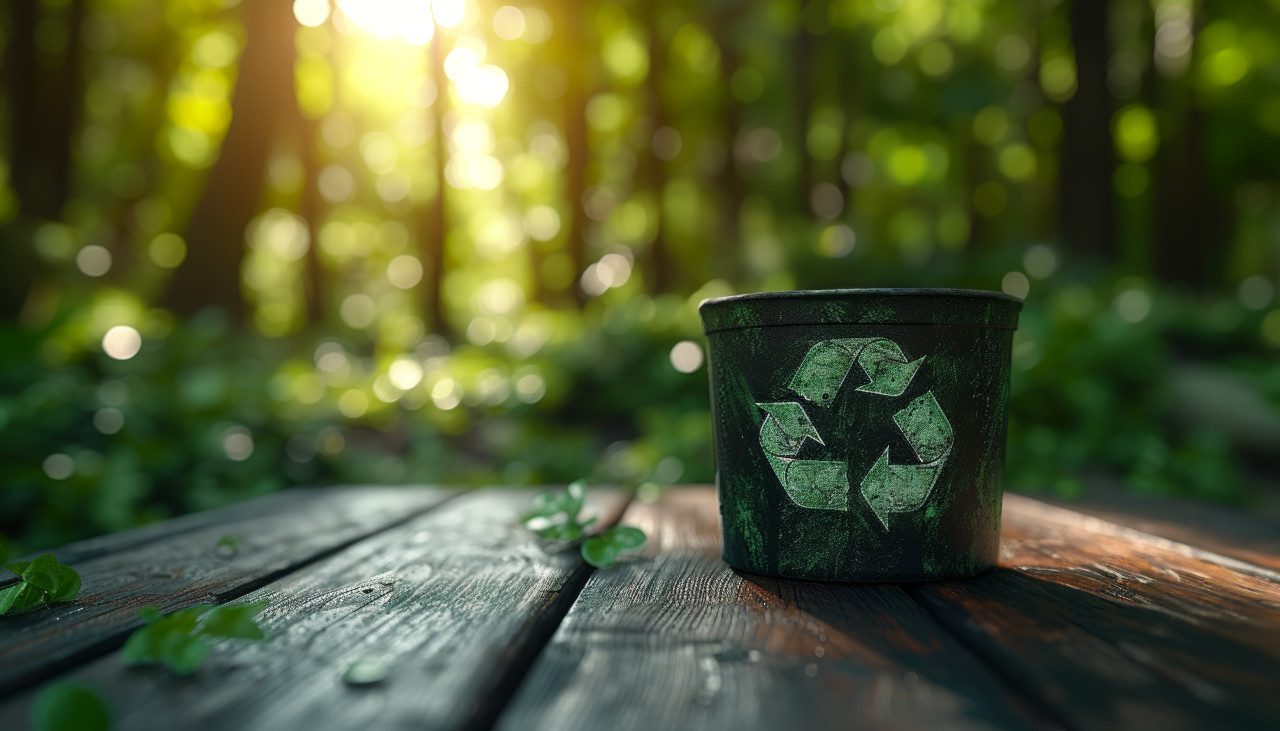Recycling bin on wooden table bathed in sunlight, composting and waste reduction concept