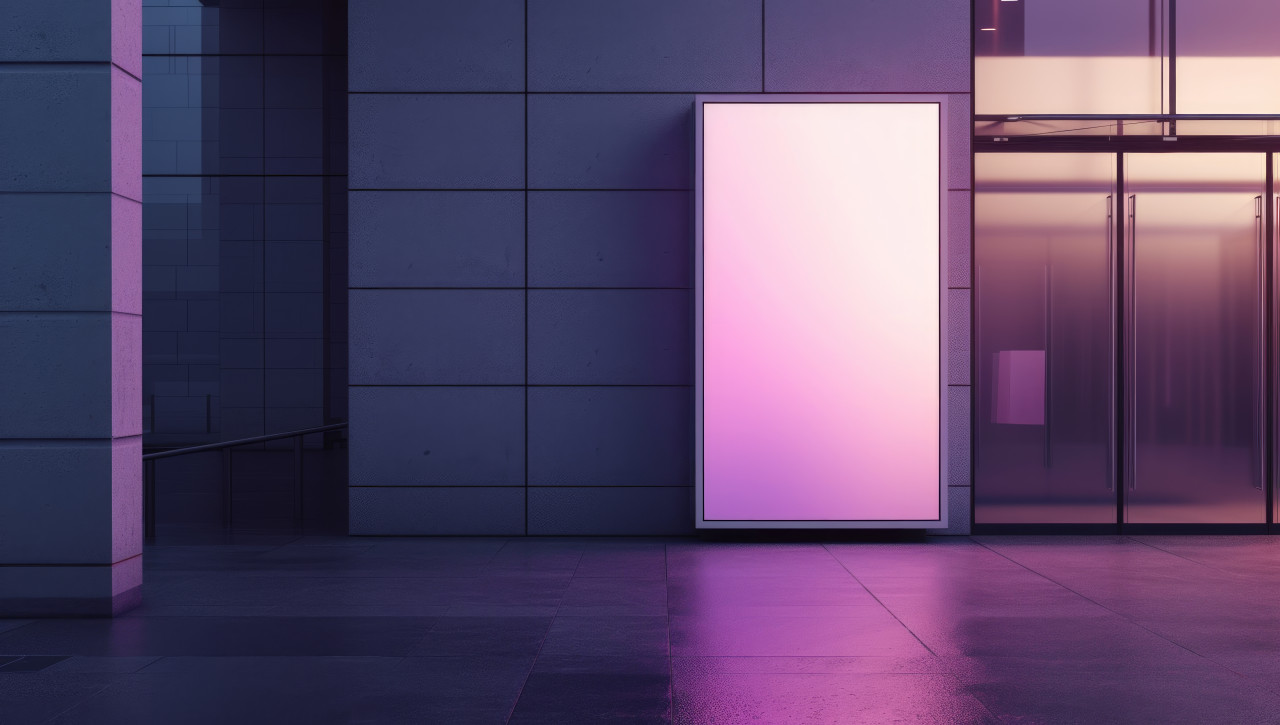 A prominent billboard provides prime advertising space in a grey building, branding marketing concept