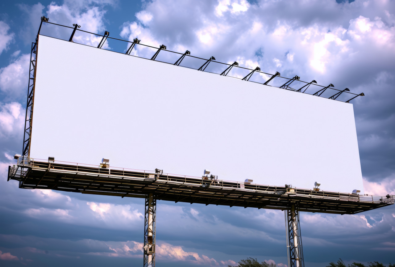 Blank poster stands tall against the vivid blue sky offering a perfect canvas for your message or advertisement, branding marketing concept