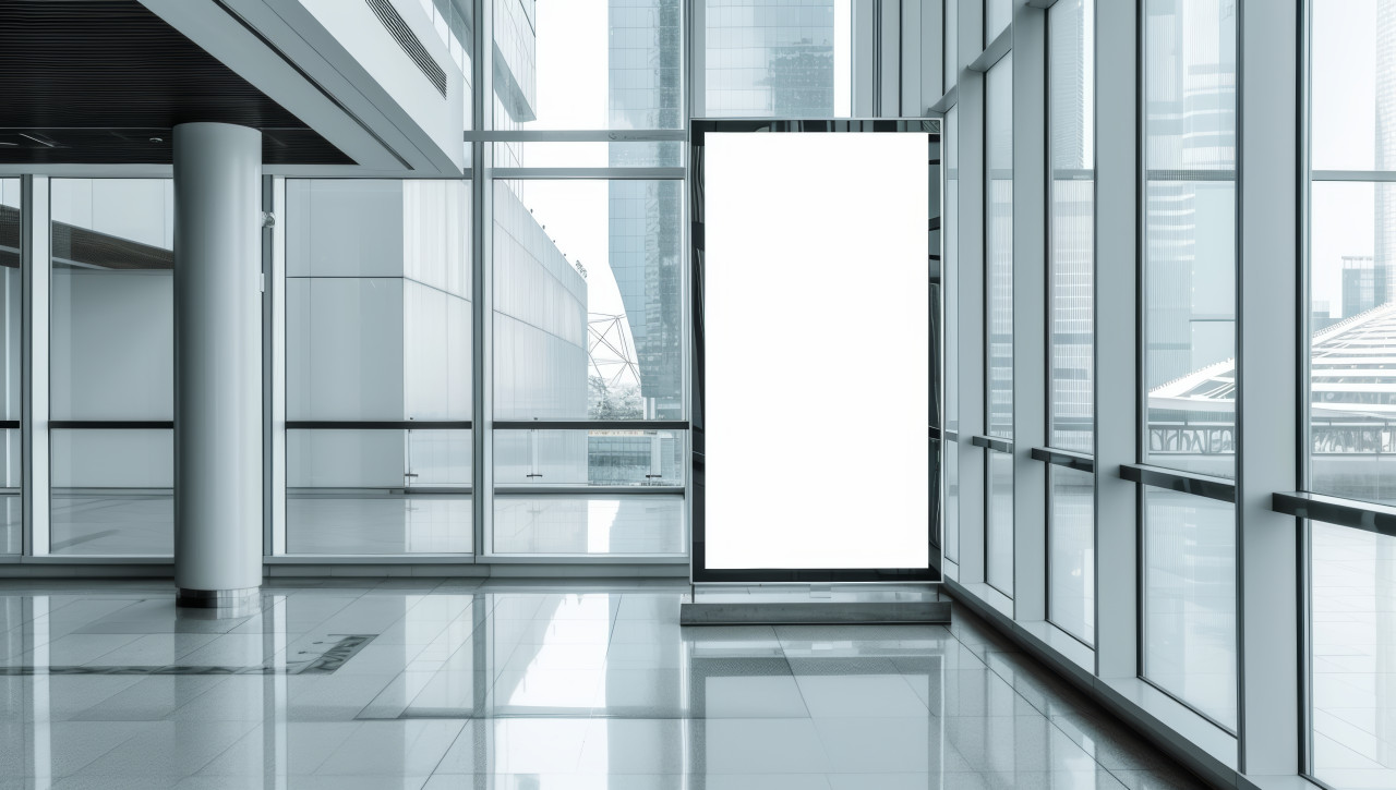 Inside an office building a tall billboard in the lobby with large glass windows, branding marketing photo