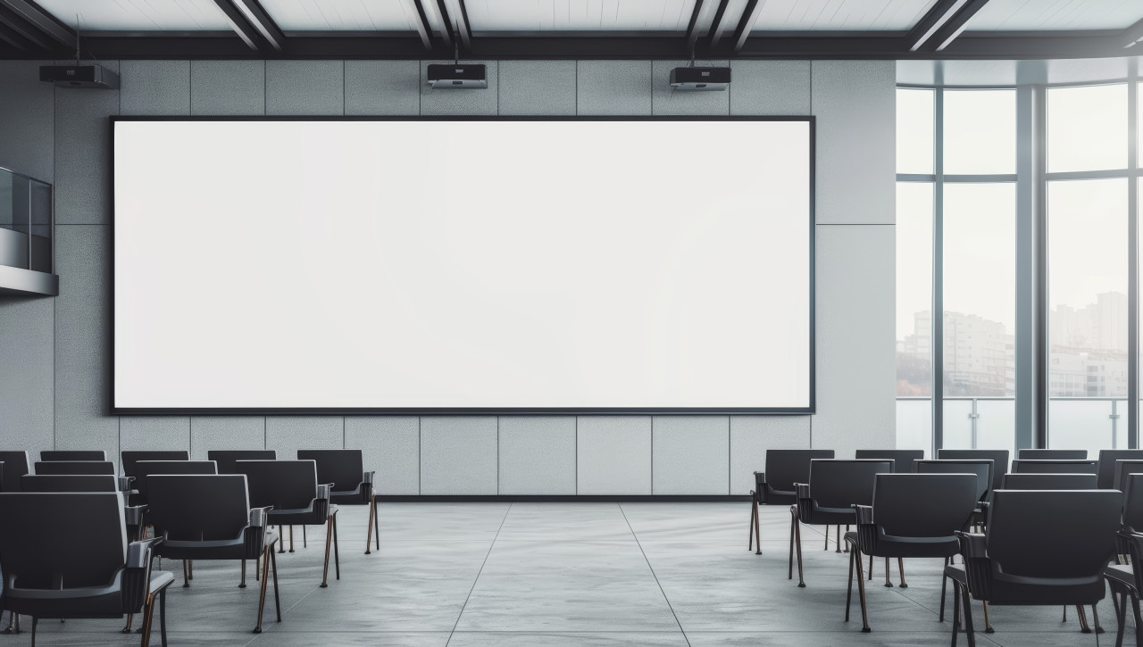 An empty commercial billboard stands in a conference room, branding marketing concept