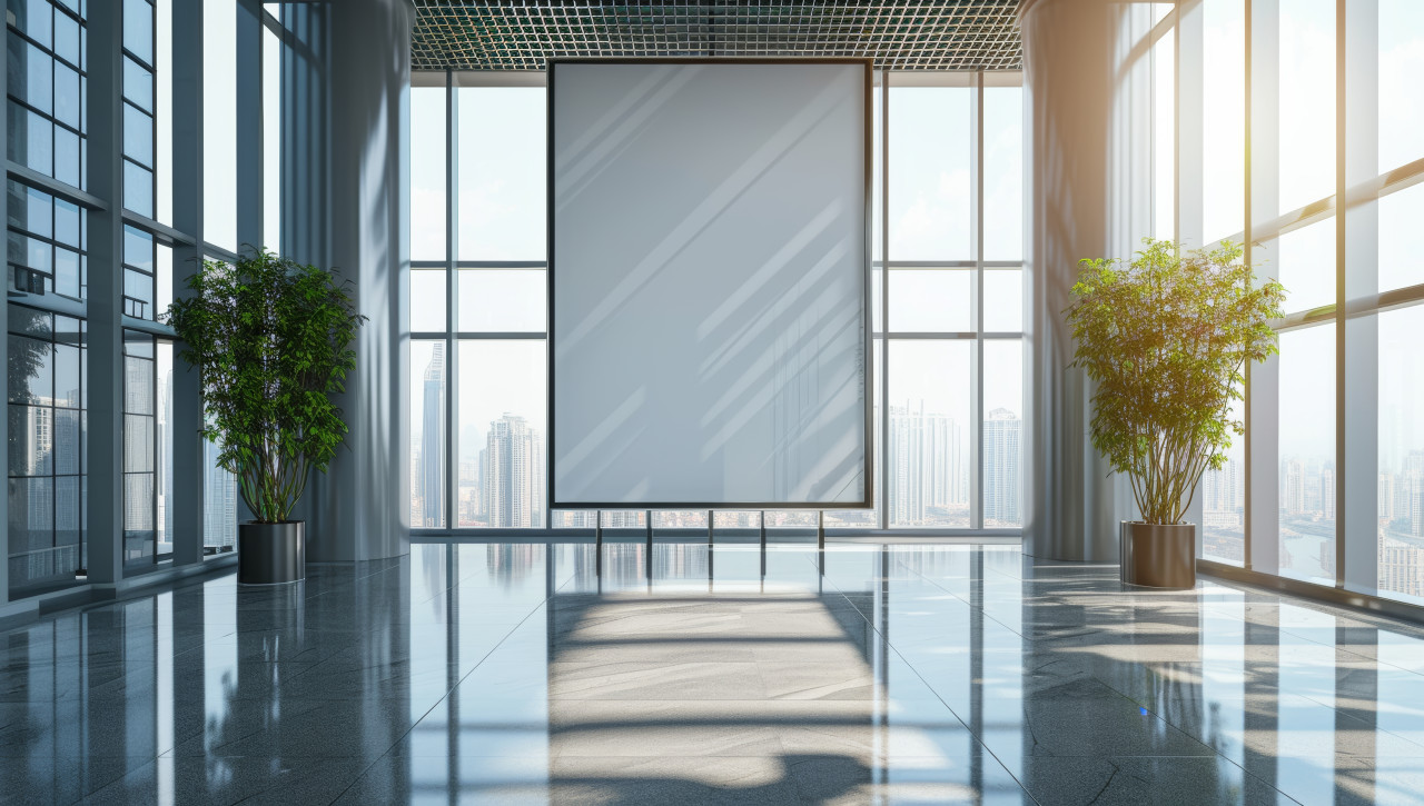 A towering billboard with vivid content is showcased through expansive glass windows, branding marketing concept