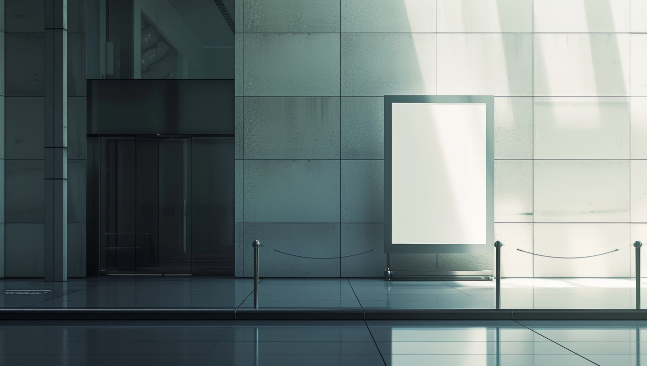 A conference room featuring empty commercial billboard stands, branding marketing photo