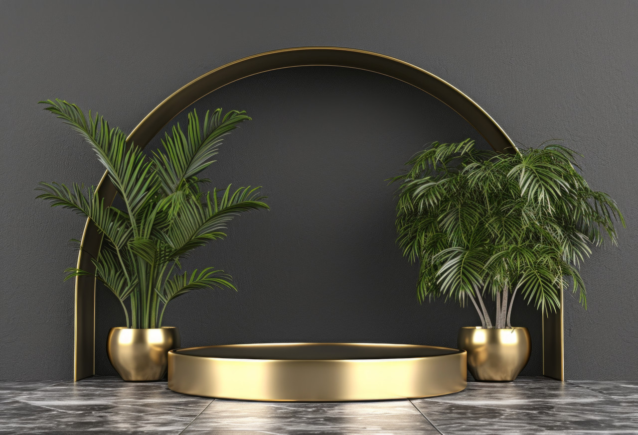 A stylish gold tray showcasing a tempting cake or dessert complemented by vibrant green palms on the ground, brand positioning photo