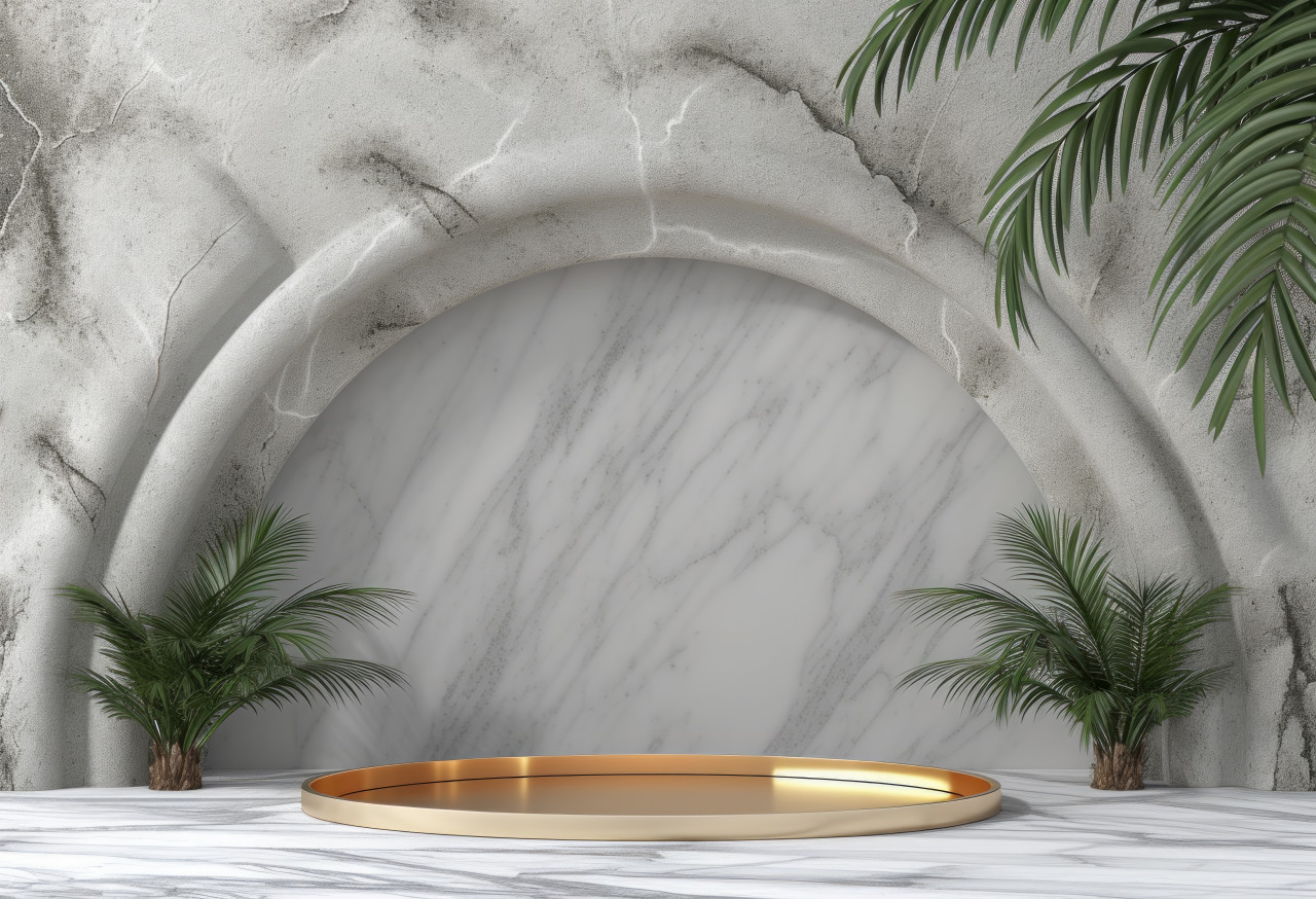Elegant gold tray holds a delicious cake or dessert surrounded by lush green palms on the ground, brand positioning picture