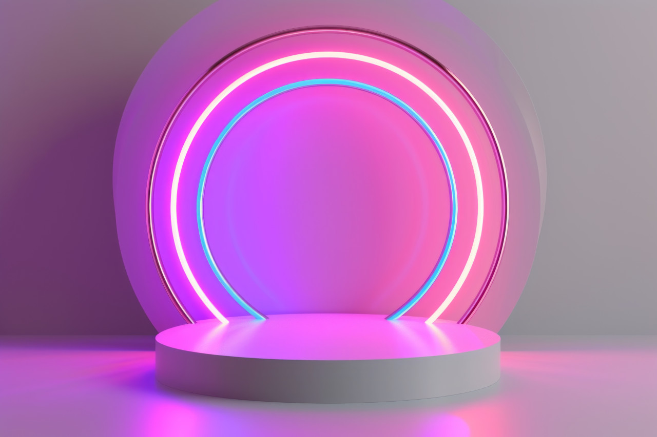 White wooden stand model adorned with neon lights, brand positioning photo