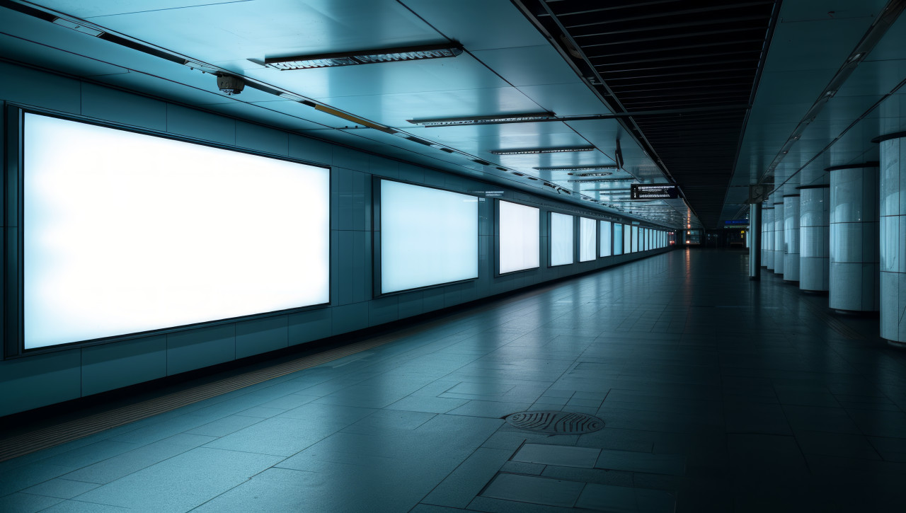 A tall lobby billboard with large glass windows displays captivating ads, branding marketing photo