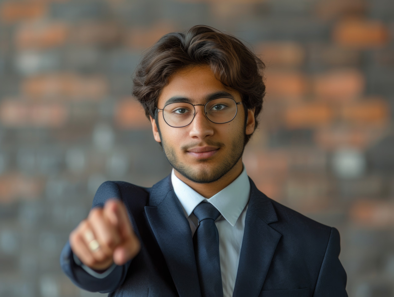 Confident young businessman looks forward pointing with enthusiasm, brand launch photo