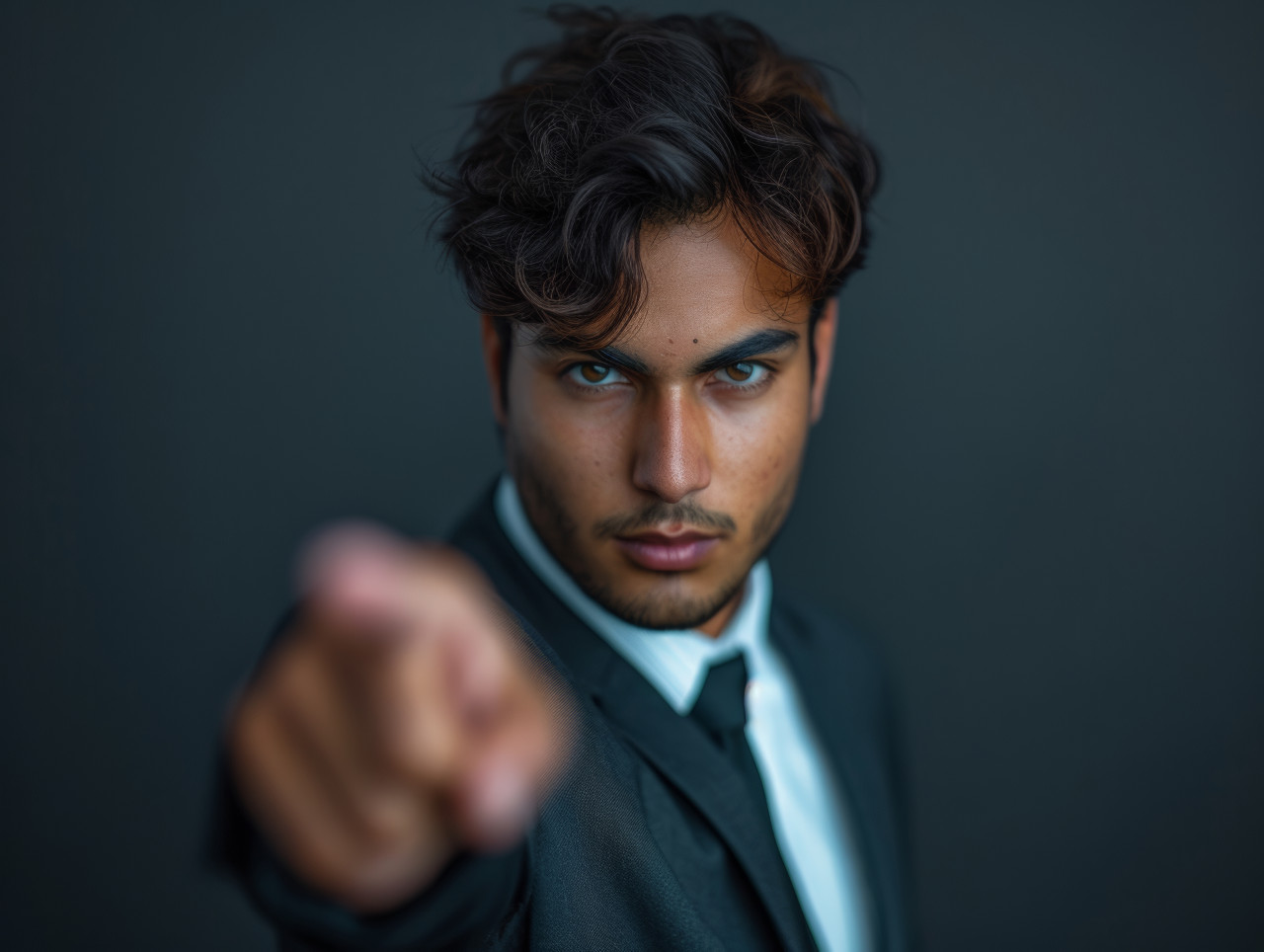 Confident young businessman points directly at the camera with determination, brand launch concept