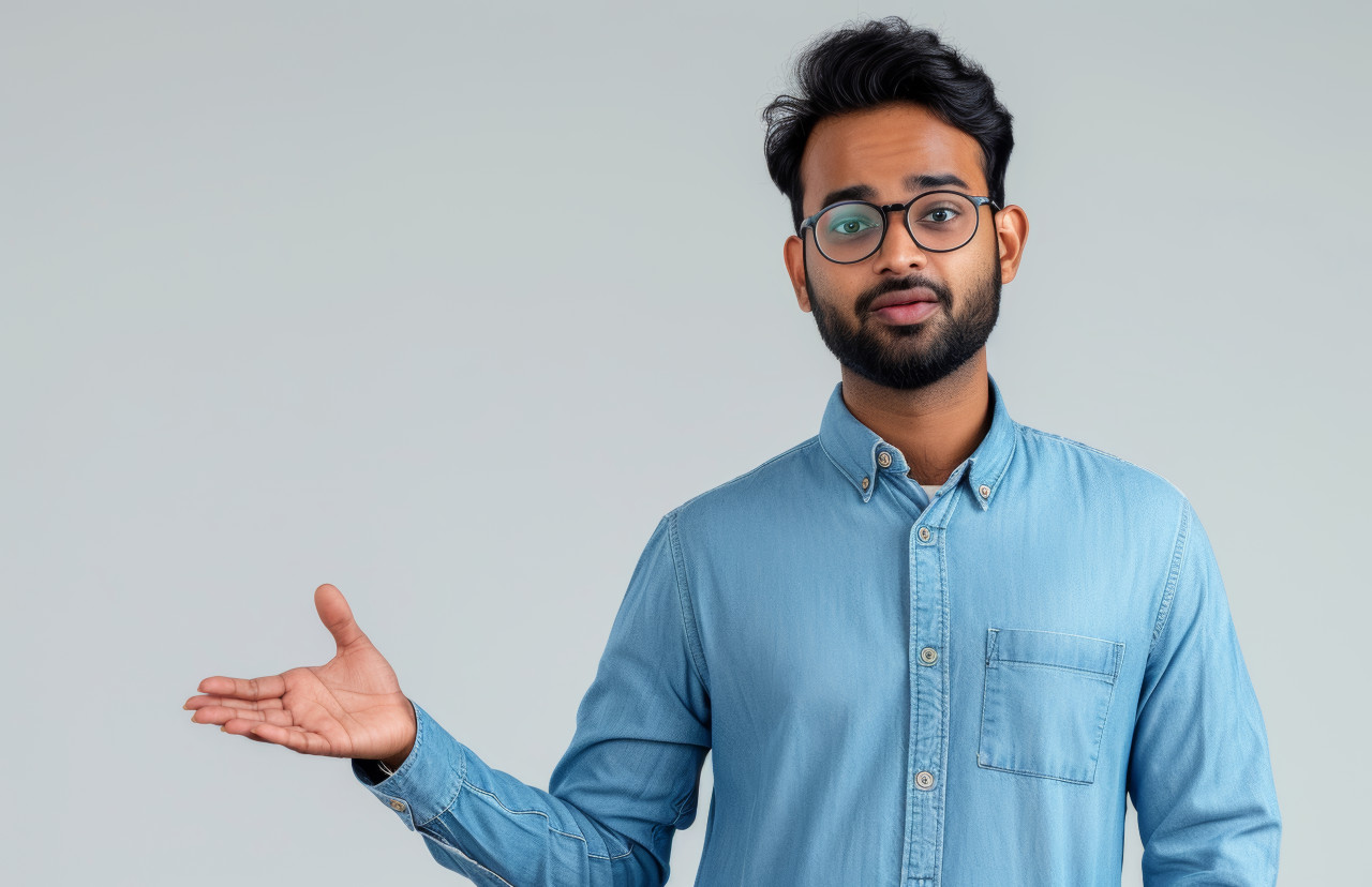 Accountant in blue shirt making a distinct hand gesture during work, brand launch concept
