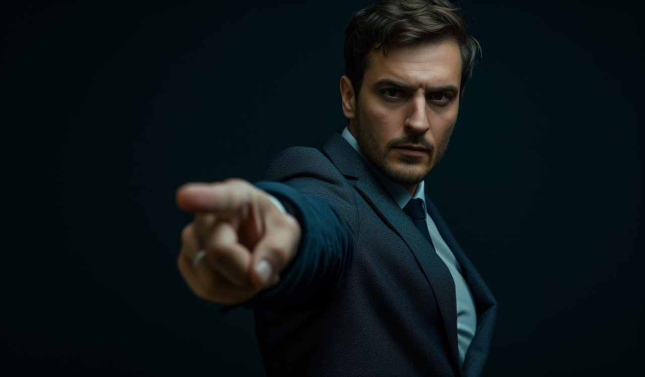 Professional businessman gestures with hand emphasizing a key direction or crucial detail in a work related context, brand launch concept