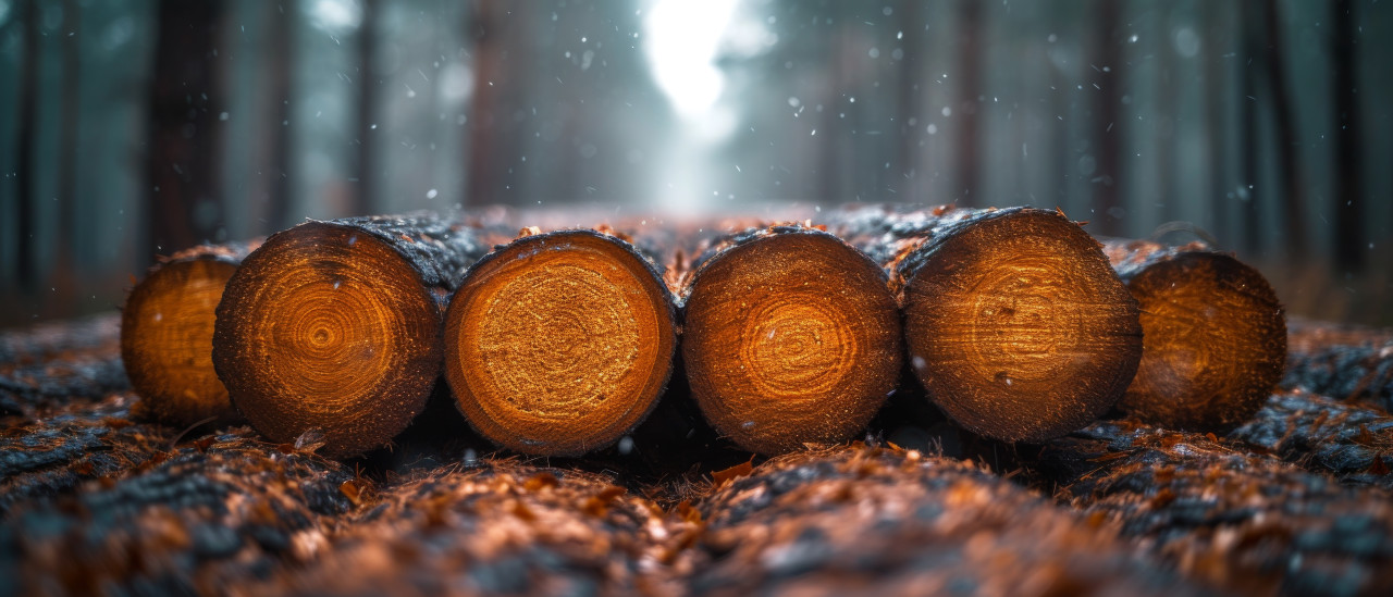 Forest scene featuring logs of wood, deforestation and logging concept