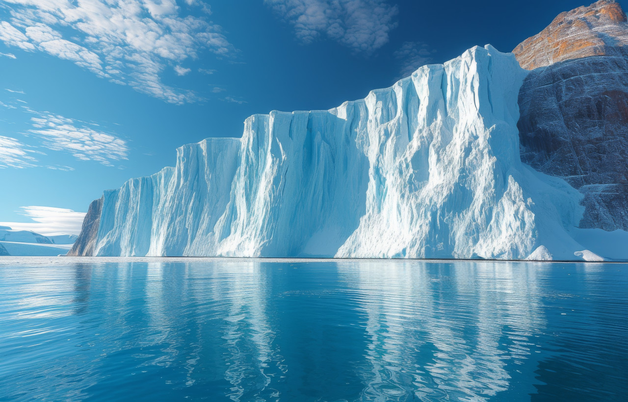 Vast ice glaciers and majestic mountains on a sprawling glacial sheet, glaciers and icebergs photo