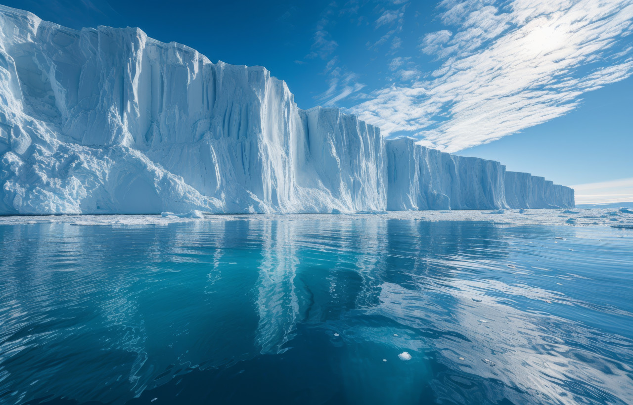 Antarctica showcases a stunning scene of cascading waterfalls and expansive ice floes, glaciers and icebergs photo