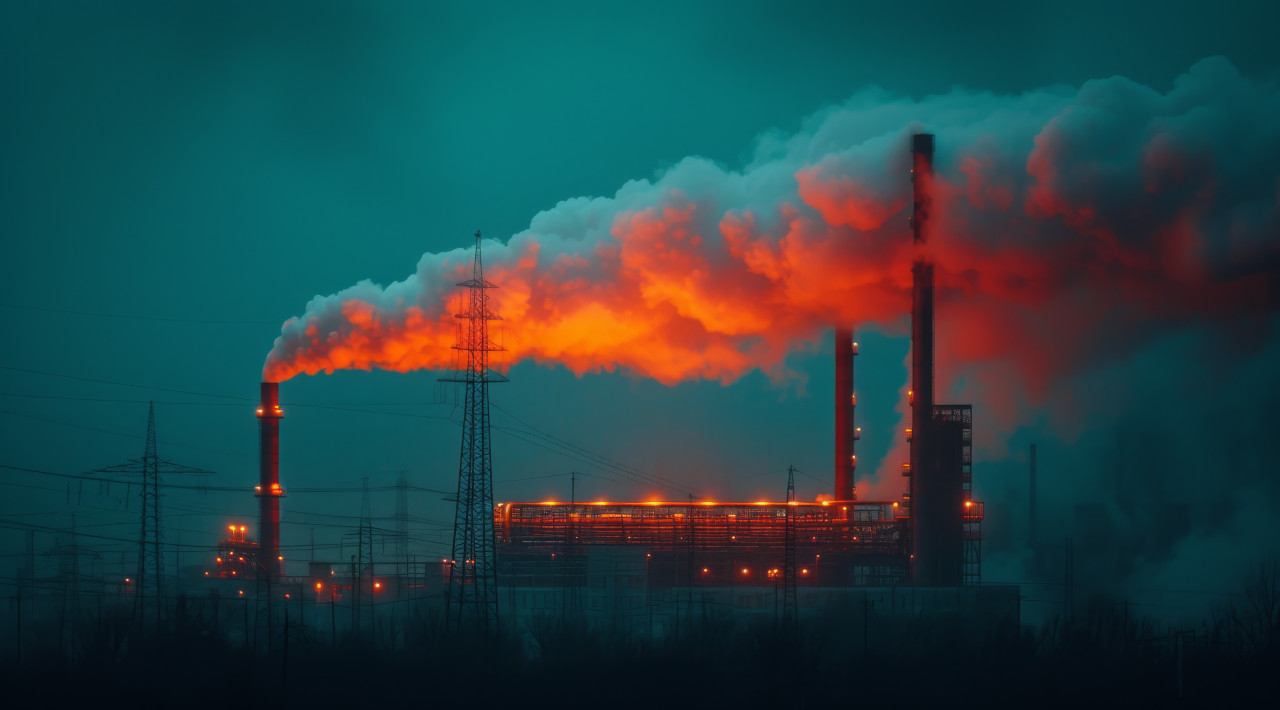 Sunset setting as a factory releases smoke highlighting the industrial impact on the environment, pollution and industrial impact photo