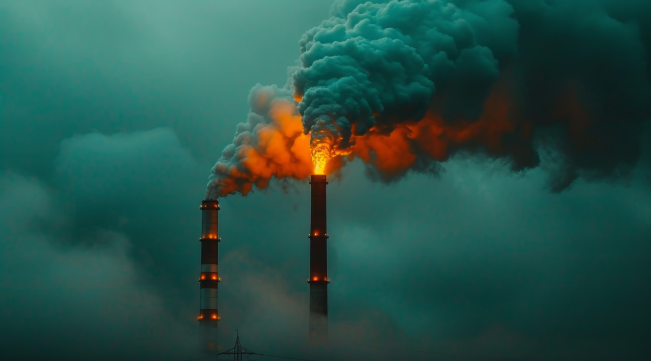Enormous smokestack billowing smoke illustrating the environmental consequences of industrial activities, pollution and industrial impact concept