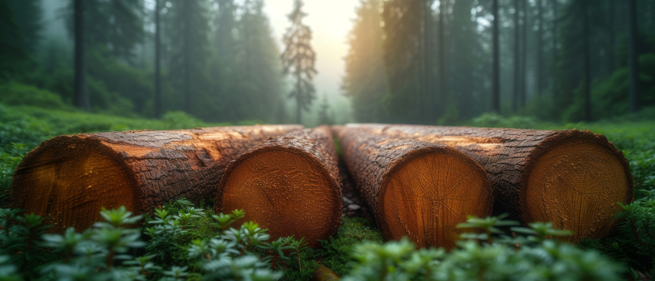 Logs resting on vibrant green grass surrounded by a forested scenery, deforestation and logging concept