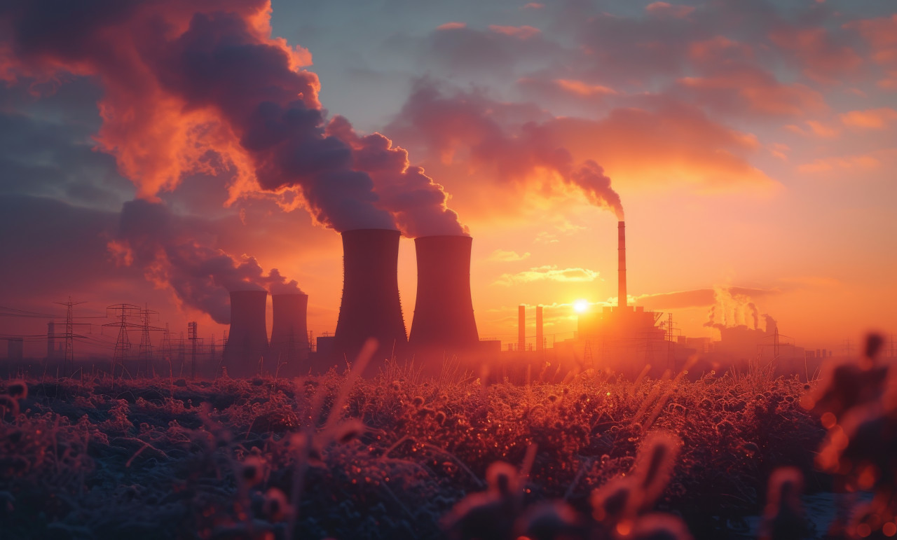 Advanced nuclear power towers releasing steam, pollution and industrial impact photo