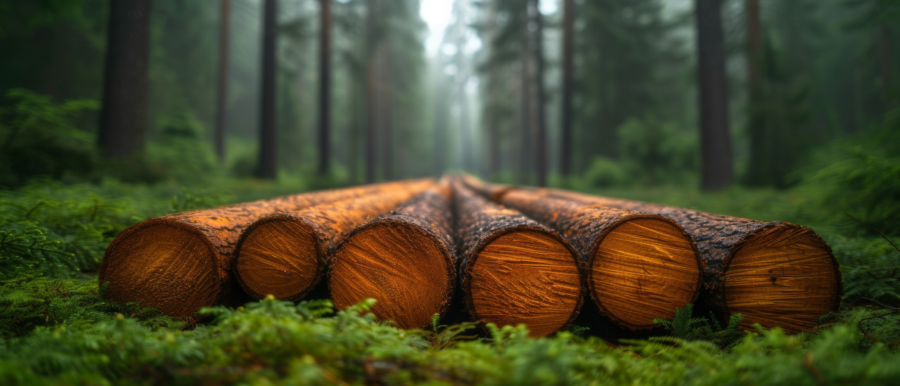 Logs on vibrant green grass with a forested setting in the background, deforestation and logging photo