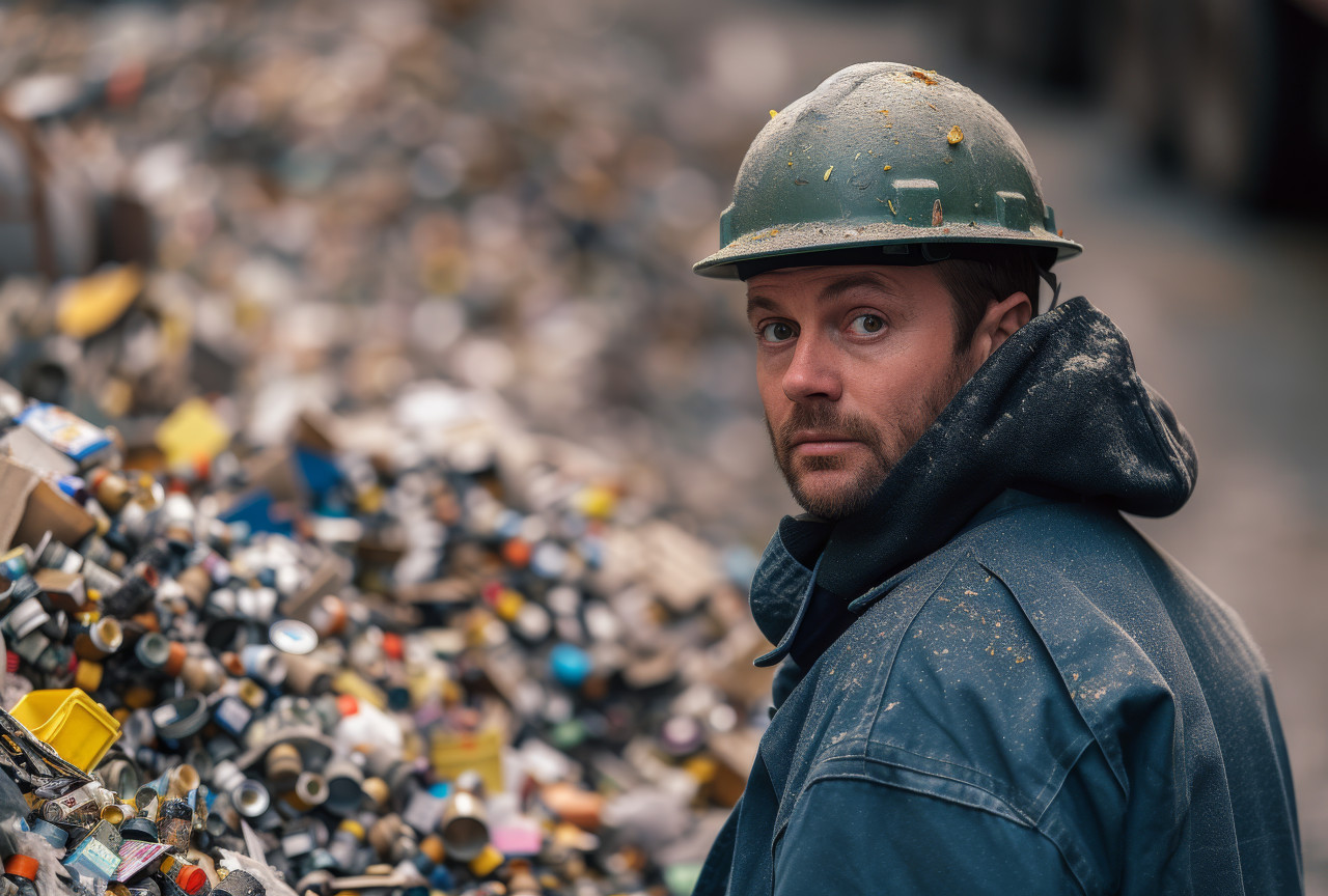 Green workers sort garbage at a recycling factory, pollution and industrial impact concept