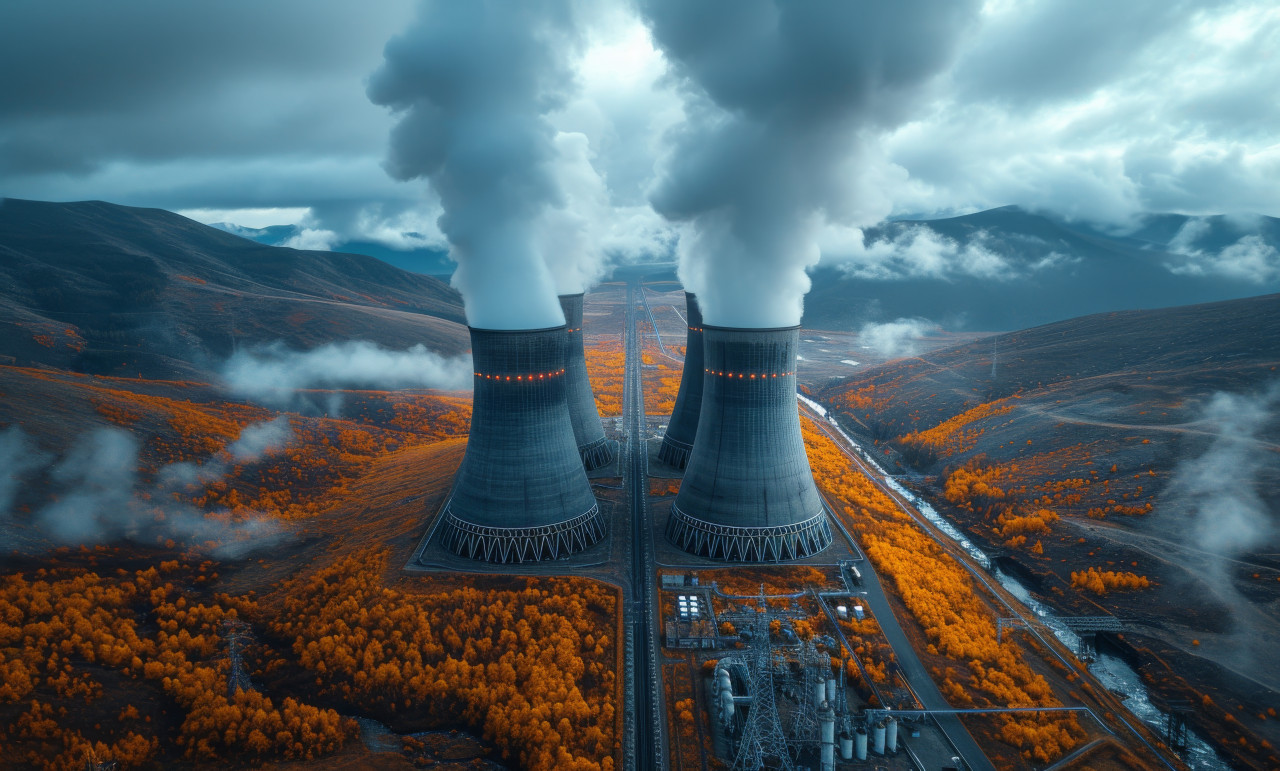 High tech nuclear power towers emitting steam, pollution and industrial impact concept