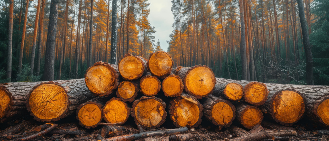 A stack of logs in the wood surrounded by the beauty of a lush forest background, deforestation and logging concept