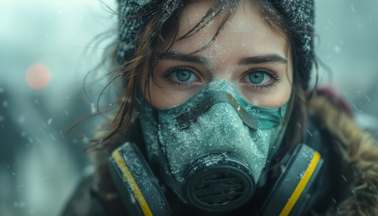 A girl safety conscious dons a protective mask emphasizing the importance of health precautions, air pollution and smog photo