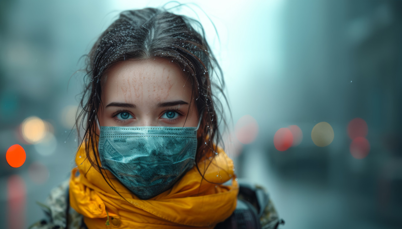 A woman wears a medical mask against a city backdrop, air pollution and smog concept