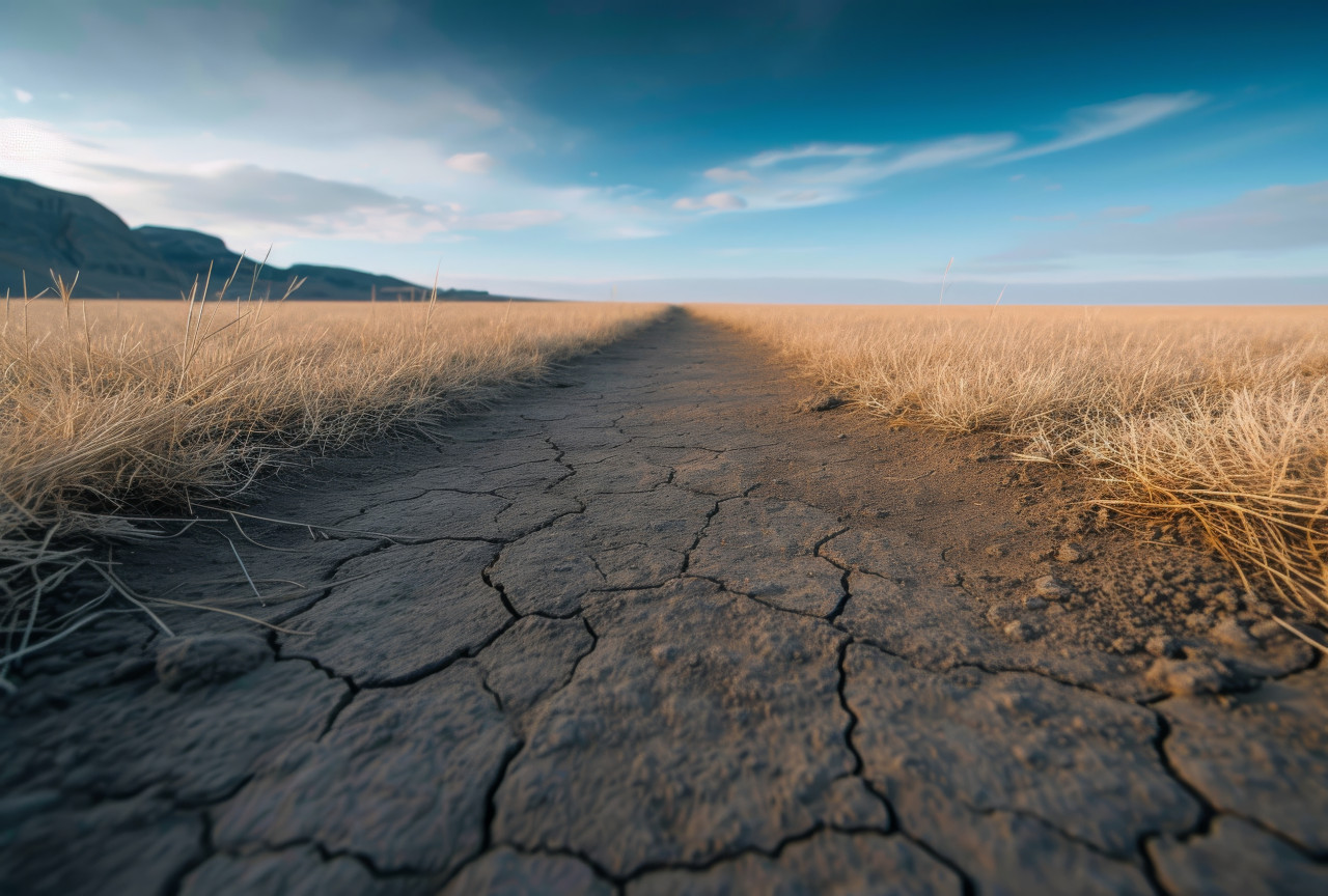 Dry plain with cracked dirt and sparse grass under a parched sky,, water scarcity concept